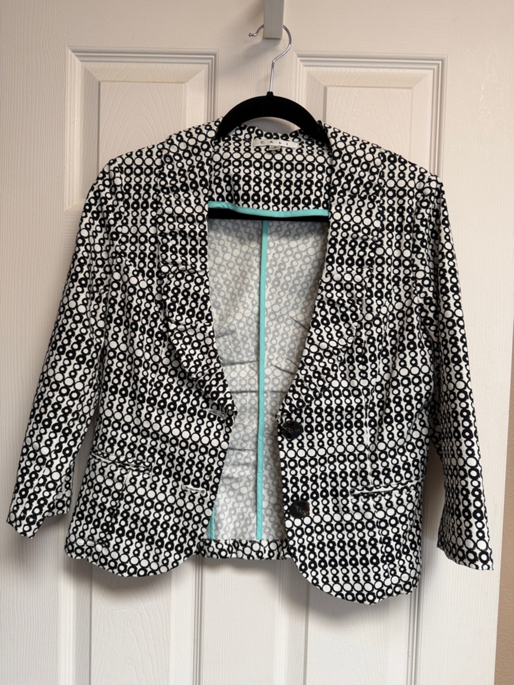 CAbi Black and White Geo-Print Blazer with Mint Trim